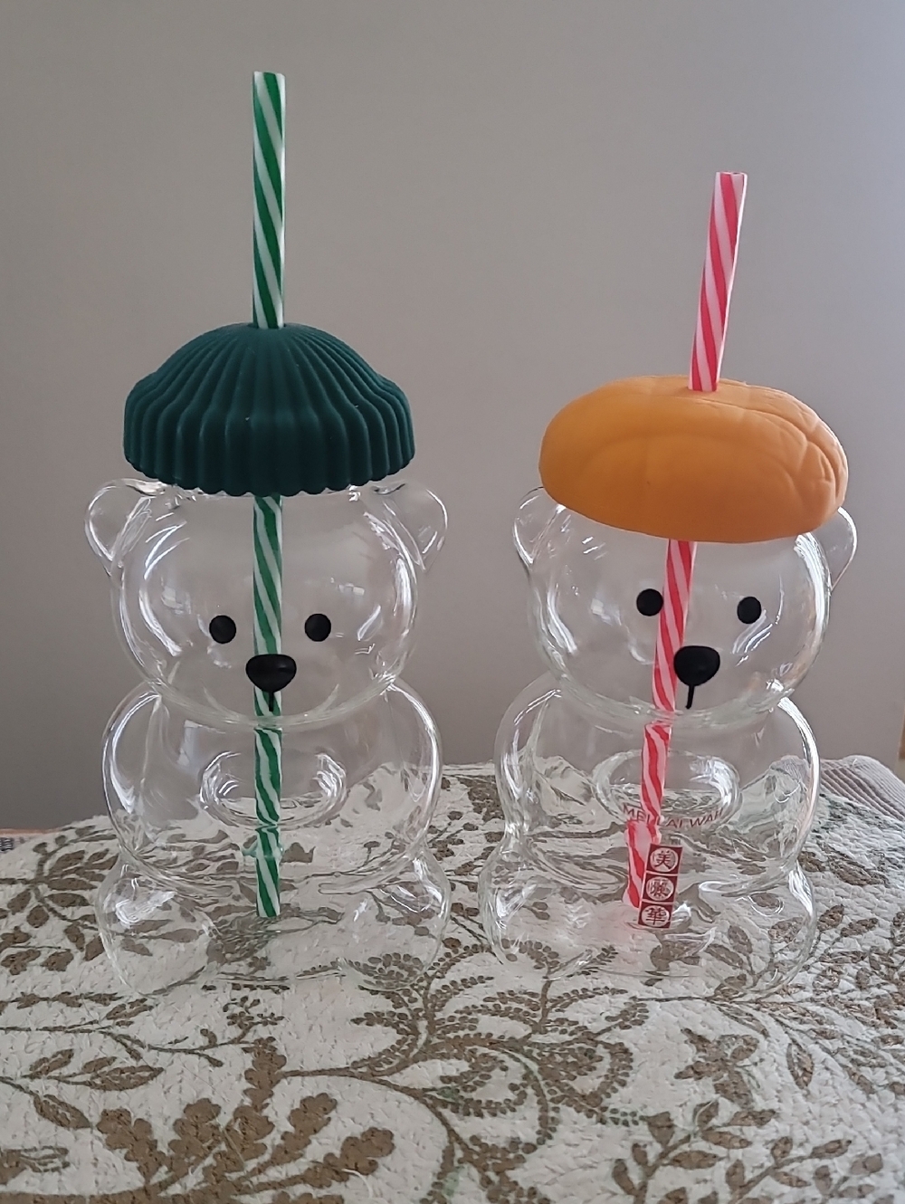 Cute Bear-Shaped Drink Tumbler with Green and Orange Silicone Lids